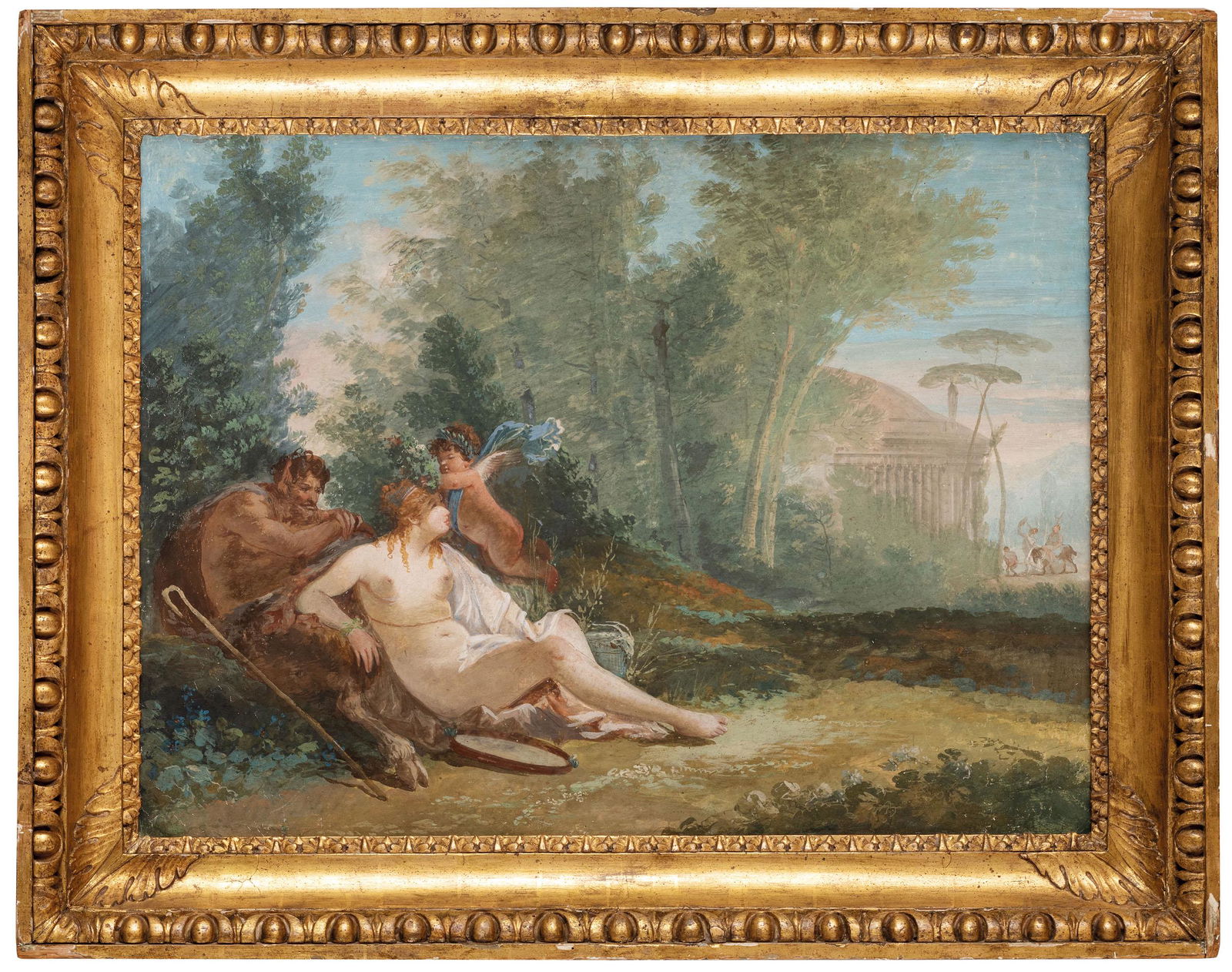 BERNARDINO BISON: (Palmanova, 1762 - Milano, 1844) Venere e Satiro Tempera su carta applicata su tavola, cm 44X58 Il dipinto è un esempio significativo della produzione di Giuseppe Bernardino Bison, artista che produs