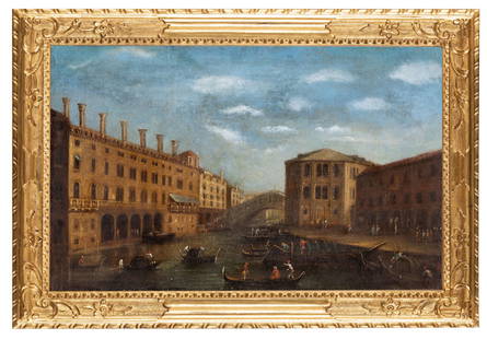 PITTORE VENETO DEL XVIII-XIX SECOLO: Veduta del Ponte di Rialto con il Palazzo dei Camerlenghi Olio su tela, cm 35,5X56 Il dipinto reca una attribuzione collezionistica a Francesco Tironi (Venezia, circa 1745 - 1797) le cui uniche notizi