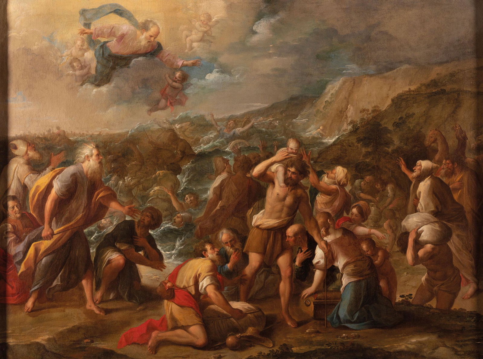 PITTORE FIAMMINGO DEL XVII SECOLO: Il passaggio del Mar Rosso Olio su tela, cm 67X80 Di alta qualità e buona conservazione, la tela recava una curiosa attribuzione a Paolo De Matteis, cosa smentita dai caratteri tecnici e di stile, ch