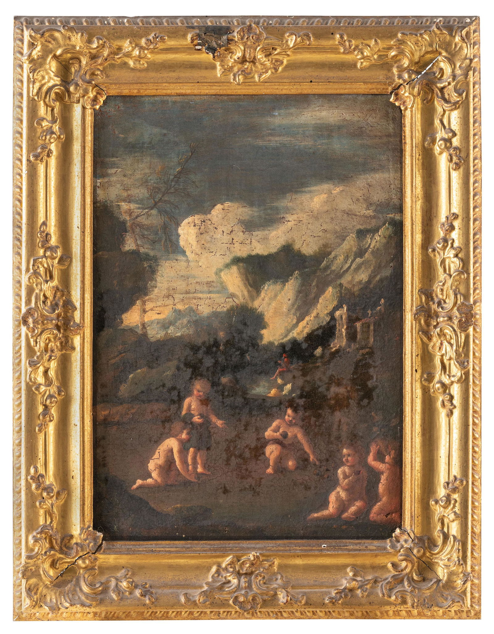 GIOVANNI ANDREA PODESTA' (attr. a): (Genova, 1608 - 1674 circa) Paesaggio con putti che giocano Olio su tela, cm 39X27,5 Giovanni Andrea Podestà si forma a Genova con Andrea de Ferrari e Domenico Fiasella ma secondo le informazioni for