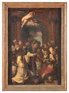 PITTORE DEL XVII-XVIII SECOLO: Comunione di San Gerolamo Olio su tela, cm 88X61 La tela è desunta dalla grande pala d'altare eseguita da Agostino Carracci nel 1591 e destinata al transetto della chiesa della Certosa di Bologna (ol