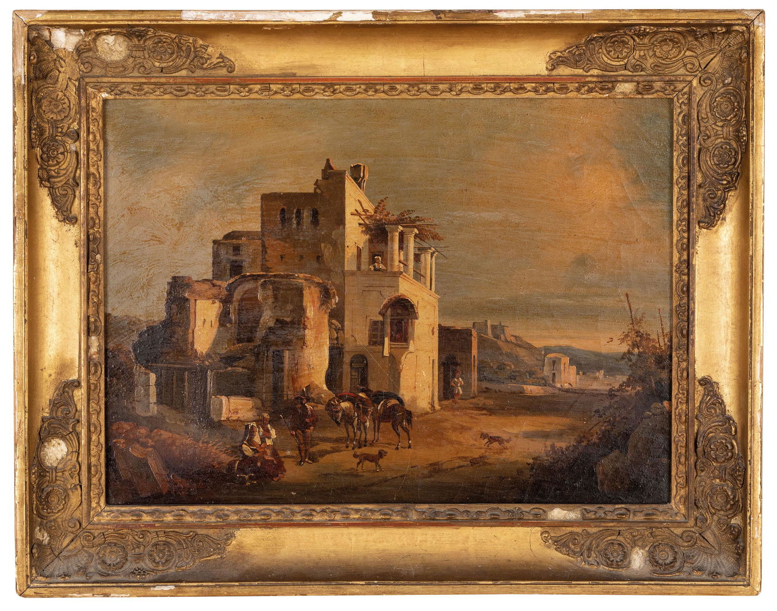 GIACINTO GIGANTE: Napoli, 1806 ; 1876 Veduta con casolare e figure Firmato G Gigante in basso a sinistra Olio su tela, cm 26,5X37 Veduta di Paestum Firmato G Gigante in basso a destra Olio su tela, cm 26X36 (2) Vedi sc