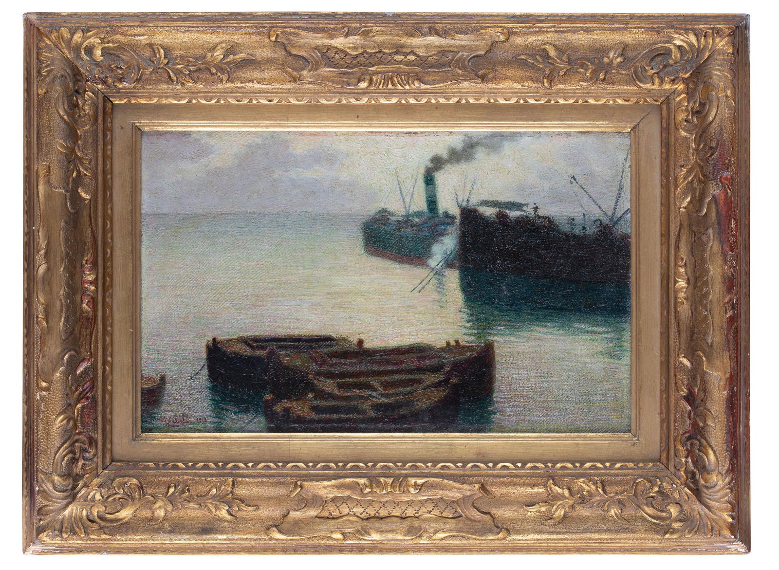 ANGELO MORBELLI: Alessandria, 1853 ; Milano, 1919 Veduta del porto di Savona Firmato Morbelli e datato 1912 in basso a sinistra Olio su tela, cm 24X40 Provenienza: Milano, collezione privata Le acque calme animate da