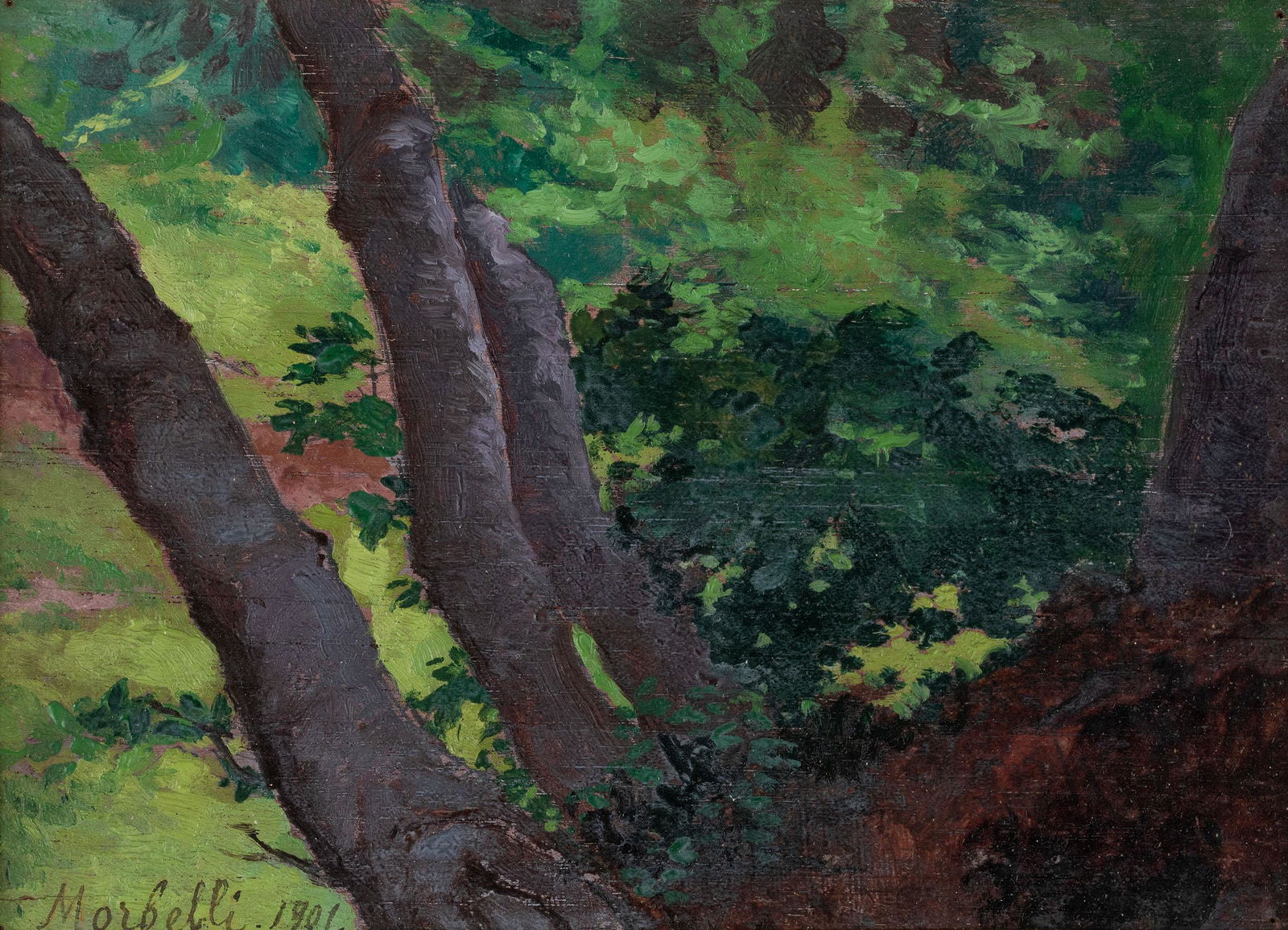 ANGELO MORBELLI: Alessandria, 1853 ; Milano, 1919 Scorcio di campagna con alberi Firmato Morbelli e datato 1901 in basso a sinistra Olio su tavola, cm 13X18,5