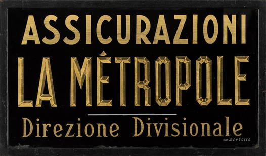 Assicurazioni La Metropole, Direzione Divisionale: Vetrofania su Specchio Produttore Bertocco Epoca 1930 ca. Misure h 27 x L 47 cm Condizioni Generali Molto Buone [Oggetto Incorniciato] *** Fragile