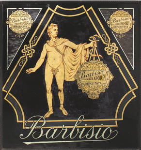 Barbisio, Marca Apollo: Vetrofania su Specchio Bi-Facciale Cornice a Torciglione in Ferro Battuto a Mano Epoca 1900 ca. Misure h 153 x L 145 cm Condizioni Generali Buone Presenta Restauri Provenienza Centro Storico Città