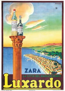 Zara, la Citta' del Maraschino, Luxardo: Manifesto Litografia [Non Telato] by Raverta Giuseppe Edito A.L.I.S.A., Milano Epoca 1939 Misure h 139,5 x L 100 cm Condizioni B+