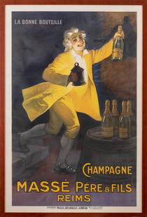 Champagne Masse' Pere & Fils, Reims: Manifesto Litografia [Telato] by Auzolle Marcellin Edito Imprimerie Maus Delhalle & Urban, Paris Epoca 1925 ca. Misure h 120 x L 80 cm Condizioni A-