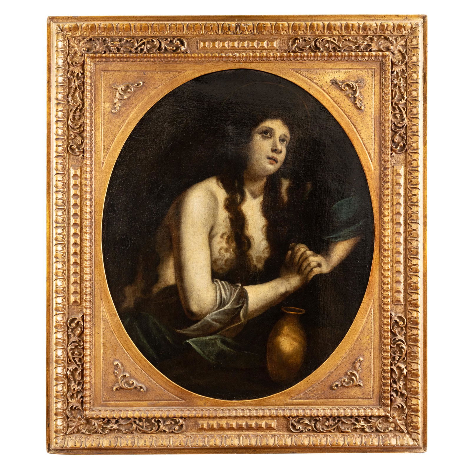 PITTORE TOSCANO DEL XVII-XVIII SECOLO: Maddalena penitente Olio su tela ovale, cm 85X72 Attribuito a Bartolomeo Biscaino (Genova, 1632 - 1657) da Ferdinando Arisi, la tela trova più precisi confronti con le opere di scuola fiorentina e co