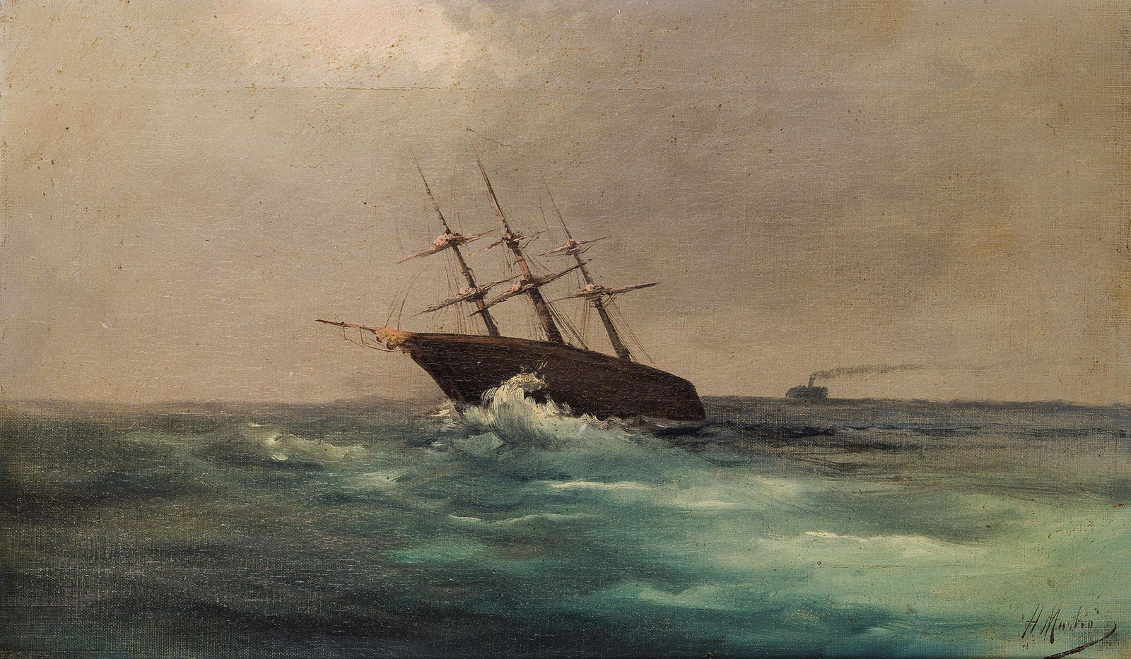 HENRY MARKO': Firenze, 1855 - Lavagna, 1921 Marina con veliero Firmato H Marko in basso a destra Olio su tela, cm 28,5X49