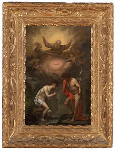 ANTONIO GIOLFI (attr. a): (Genova, 1721 - 1796) Battesimo di Cristo Olio su tela, cm 50X34,5 Allievo di Lorenzo De Ferrari, l'artista esprime suggestioni di sapore tardobarocco, tendendo verso un fare artistico più composto e