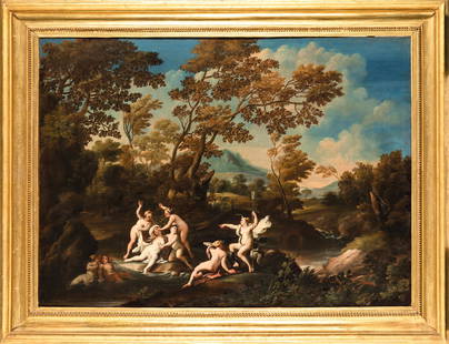 GIOVANNI FRANCESCO GRIMALDI (attr. a): (Bologna, 1605/1606 - 1680) Diana e Callisto Olio su tela, cm 97X134 Il dipinto descrive una tipologia paesistica tipica della scuola romana e una datazione alla fine del XVII secolo. Sono infatti evi