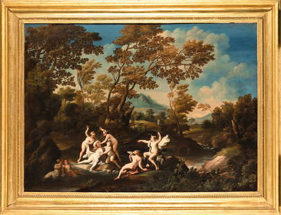 GIOVANNI FRANCESCO GRIMALDI (attr. a): (Bologna, 1605/1606 - 1680) Diana e Callisto Olio su tela, cm 97X134 Il dipinto descrive una tipologia paesistica tipica della scuola romana e una datazione alla fine del XVII secolo. Sono infatti evi