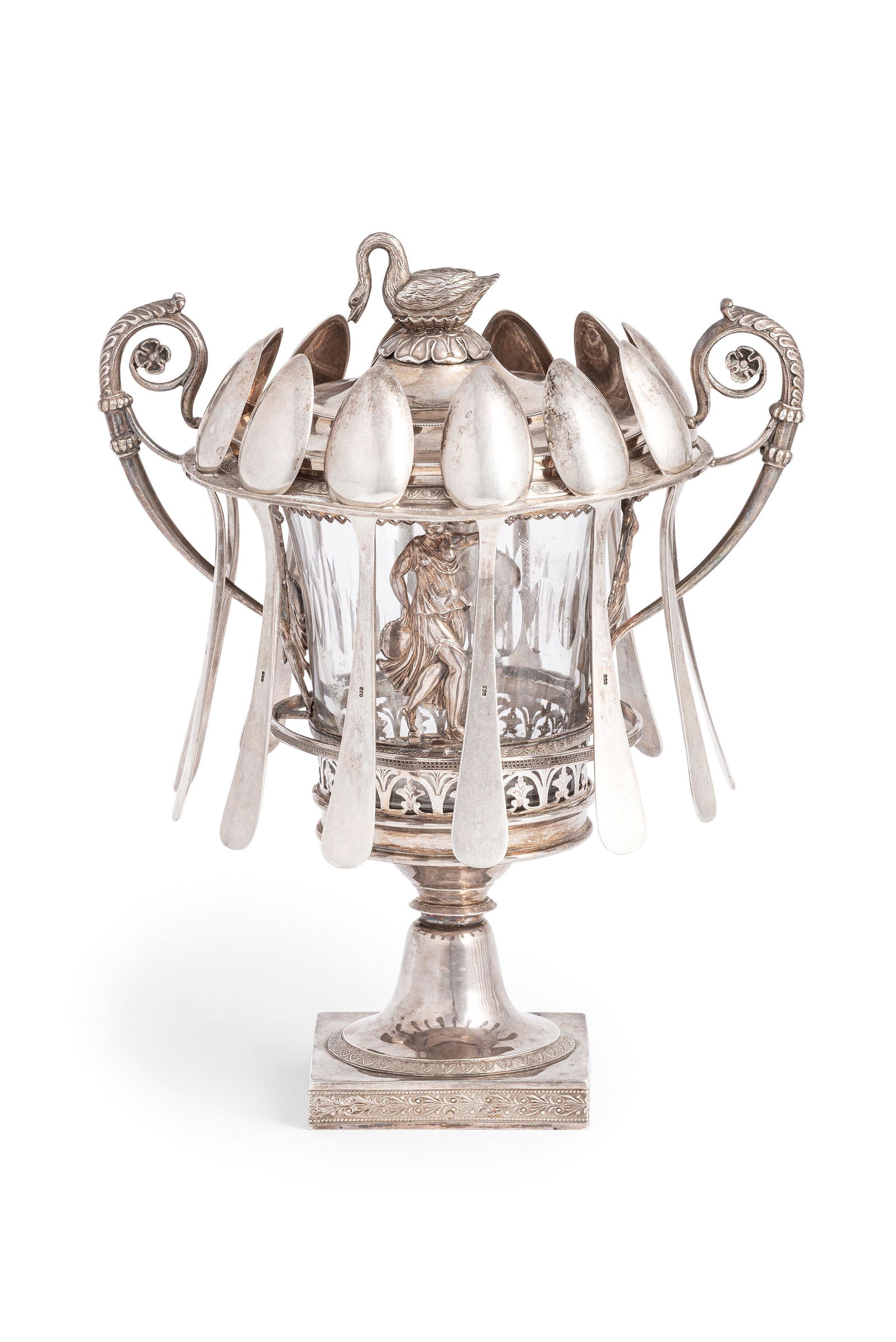 COMPOSTIERA IN ARGENTO E VETRO CON DODICI CUCCHIAINI (1 of 1)