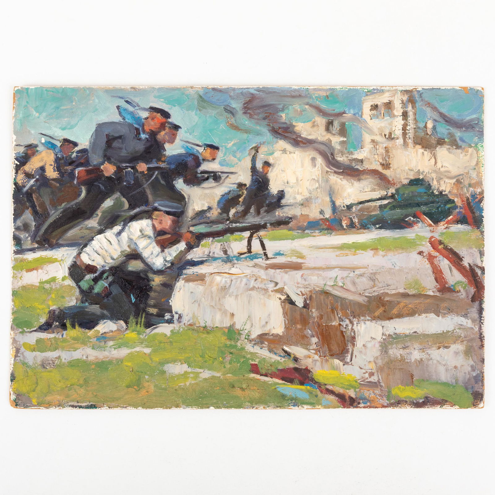 ANATOLY MYKOLAYEVICH GRACHEV: Baku, 1922 - Kiev, 1988 Battaglia a Sebastopoli Olio su cartone, cm 32X47