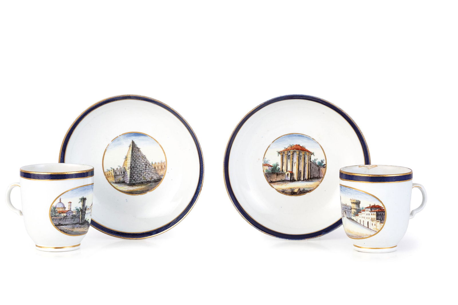 COPPIA DI TAZZE CON PIATTINO IN PORCELLANA POLICROMA, (1 of 1)