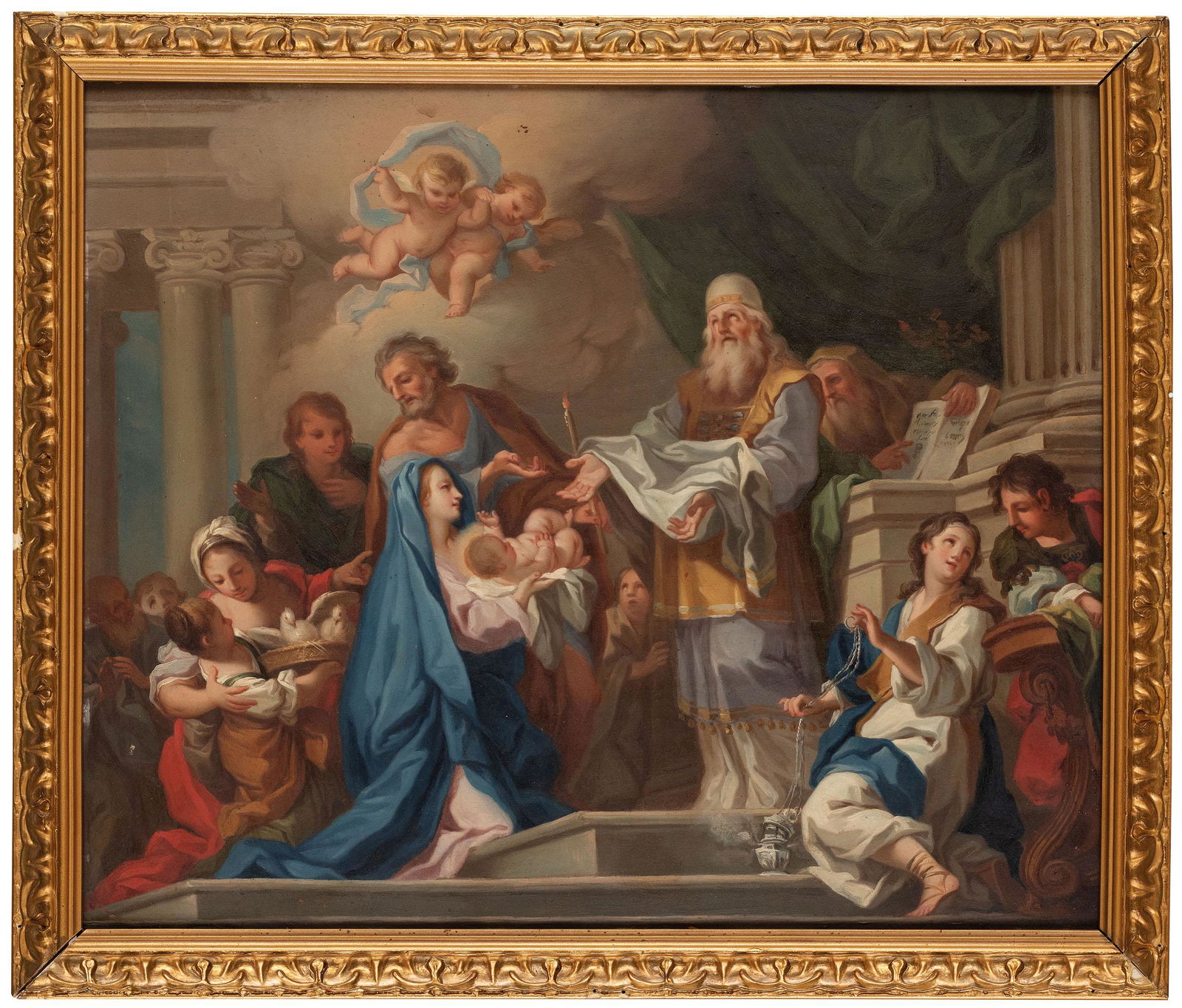 SEBASTIANO CONCA (attr. a): (Gaeta, 1680 - Napoli, 1764) Presentazione di Gesù al tempio Olio su rame, cm 37X43,7 Il rame qui presentato si può collocare alla maturità del pittore, quando affrancatosi dagli insegn