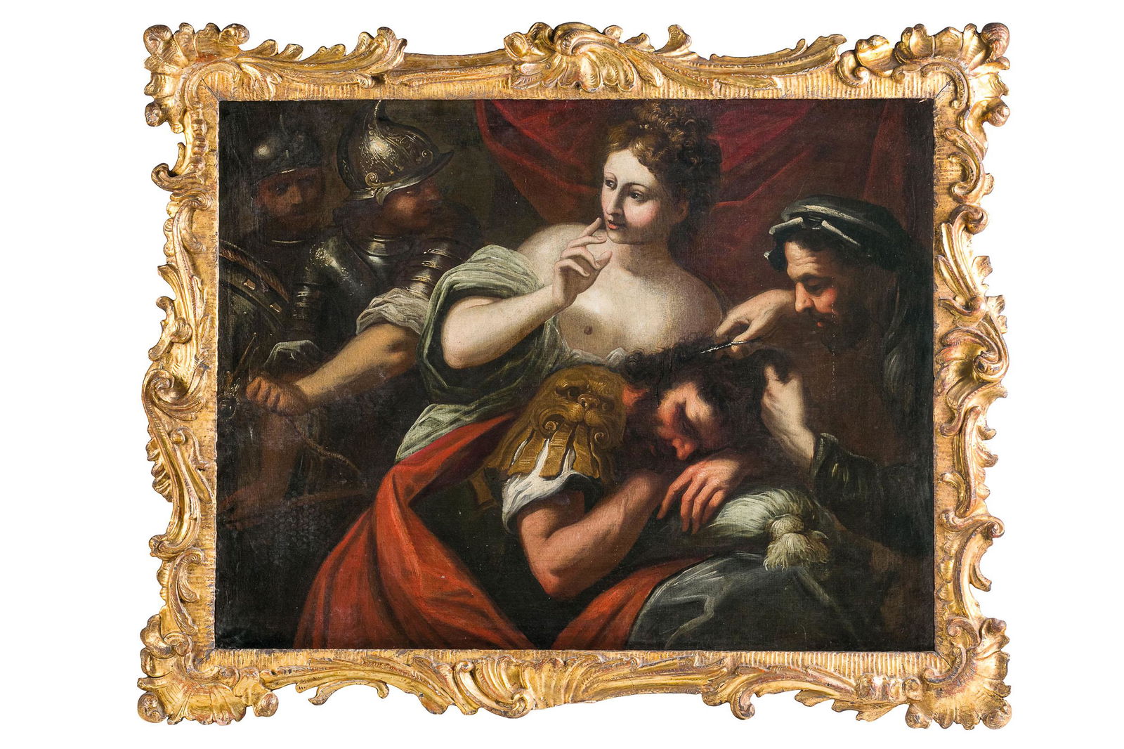 BARTOLOMEO BISCAINO: (Genova, 1632 - 1657) Sansone e Dalila Olio su tela, cm 96X125 Allievo di Valerio Castello, Bartolomeo Biscaino morì giovanissimo durante la tragica pestilenza, ma si distinse dal maestro e dai s