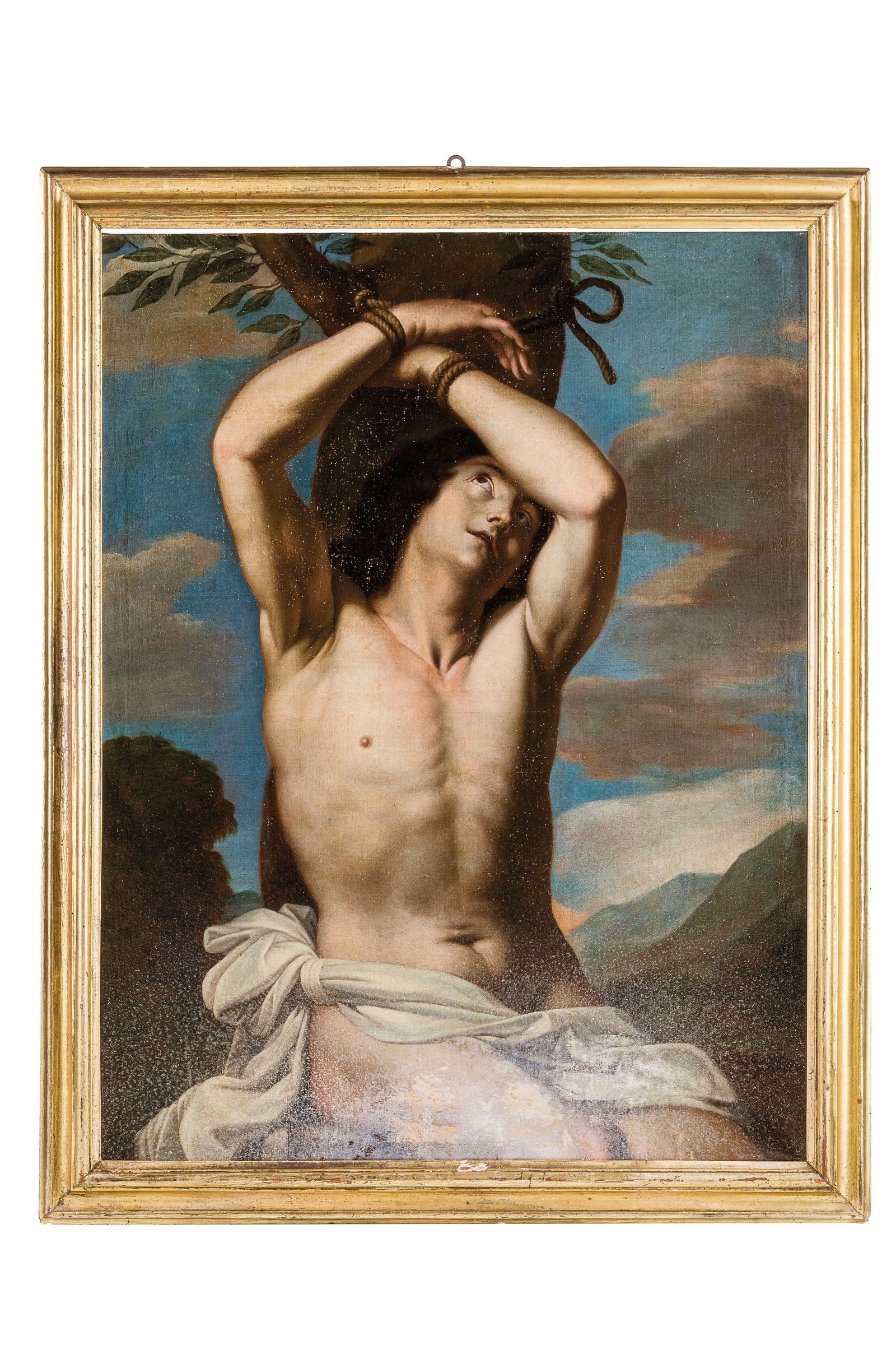 NICOLAS REGNIER (attr. a): (Maubeuge, 1588 - Venezia, 1667) San Sebastiano Olio su tela, cm 116X90 Il dipinto, in buone condizioni di conservazione, in prima tela e con le cimose, trova confronto con la versione conservata al M