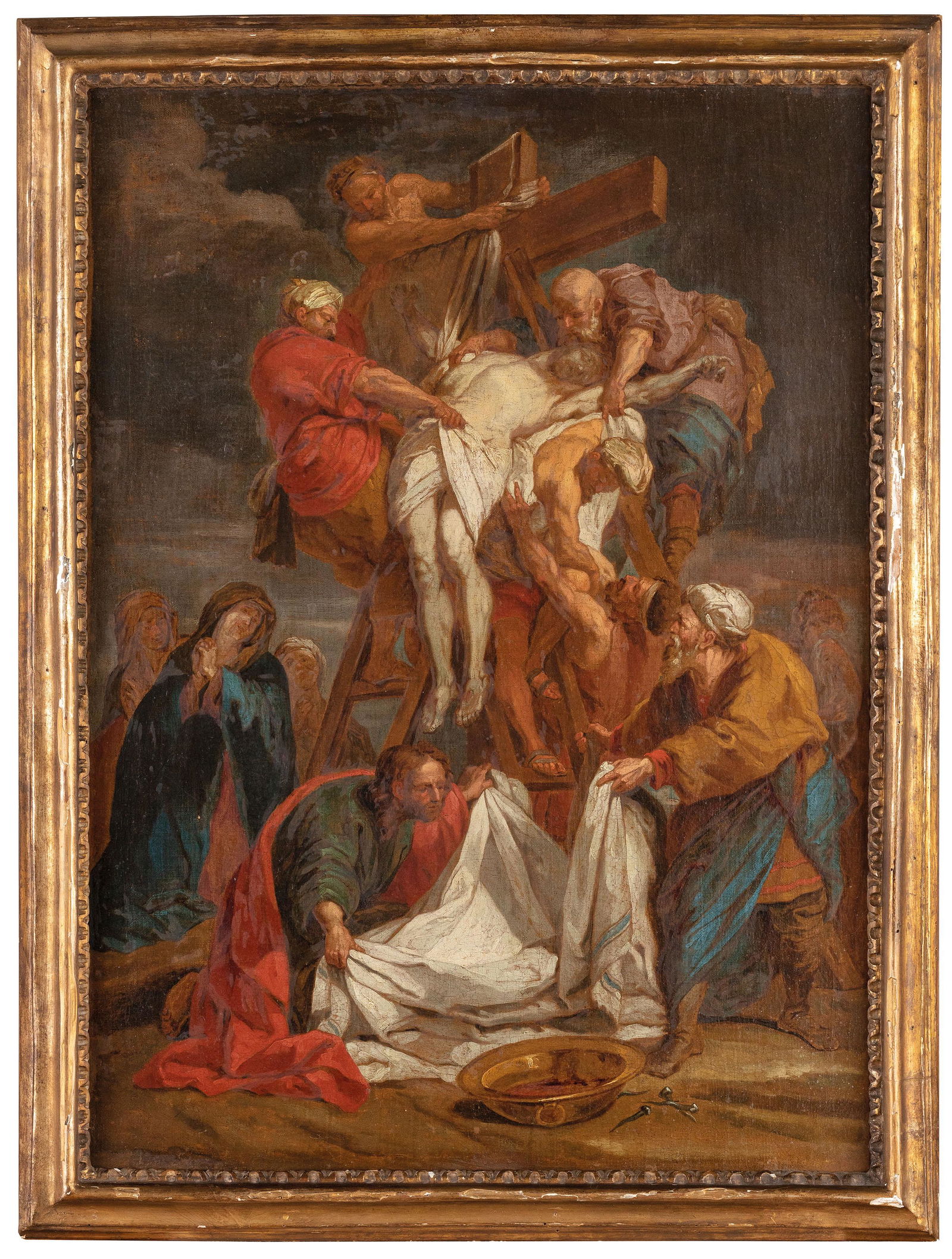 JEAN BAPTISTE JOUVENET (attr. a): (Rouen, 1644 - Parigi, 1717) Deposizione Olio su tela, cm 76X54 I caratteri di stile suggeriscono l'origine francese dell'autore e la costruzione scenica e il gusto indica un'influenza classicista e r