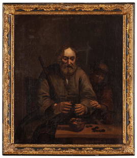 WALLERANT VAILLANT (seguace di): (Lilla, 1623 - Amsterdam, 1677) Scena di interno (Allegoria dell'Inverno) Olio su tela, cm 58,5X49 Celebre ritrattista, la produzione di Vaillant conta altresì scene di genere, nature morte e tro