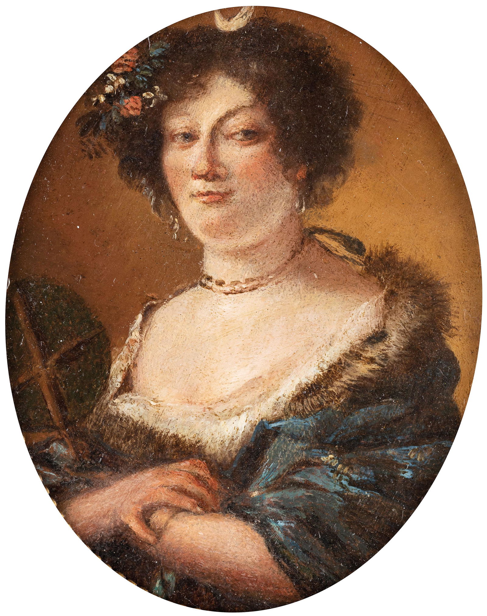GIUSEPPE NOGARI (attr. a): (Venezia, 1699 - 1763) Ritratto di dama in veste di Diana Olio su rame, cm 9,7X7,4 L'opera ritrae una dama in veste di Diana e lo stile, l'impostazione e la cromia suggeriscono una data di esecuzione