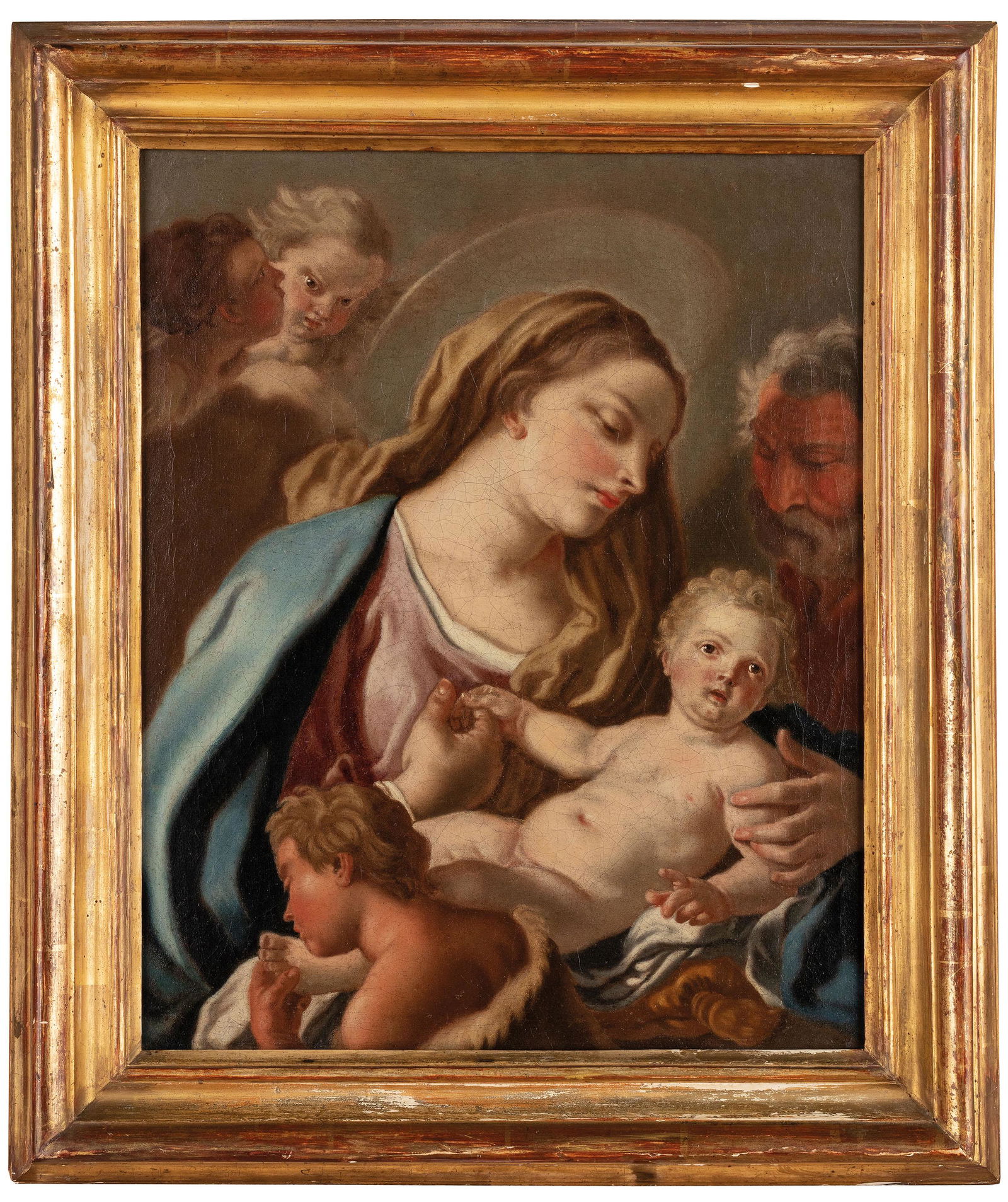 PIETRO BARDELLINO (attr. a): (Napoli, 1732 - 1806) Santa Famiglia con angeli Olio su tela, cm 41,5X33 Pietro Bardellino fu allievo di Francesco de Mura. A partire dalla seconda metà XVIII secolo fu attivo come frescante nell