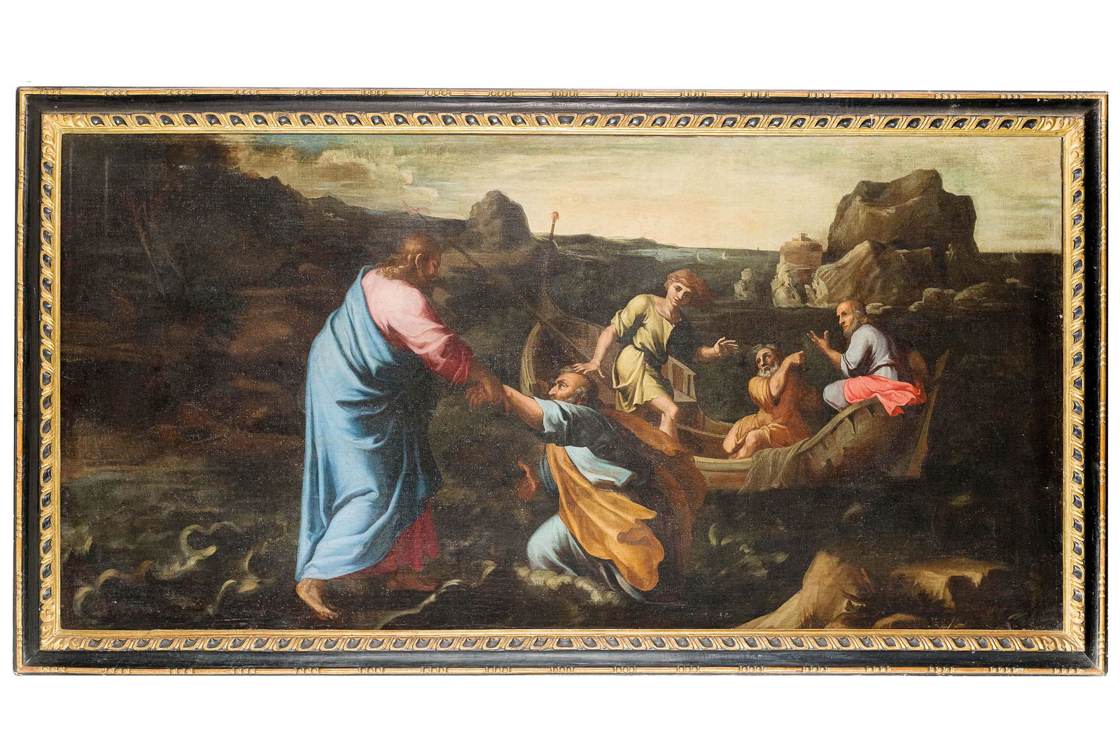 ADRIEN MANGLARD (attr. a): (Lione, 1695 - Roma, 1760) San Pietro salvato dalla tempesta Olio su tela, cm 150X320 La composizione e i caratteri di stile suggeriscono l'attribuzione al pittore di origini francesi Adrien Manglard