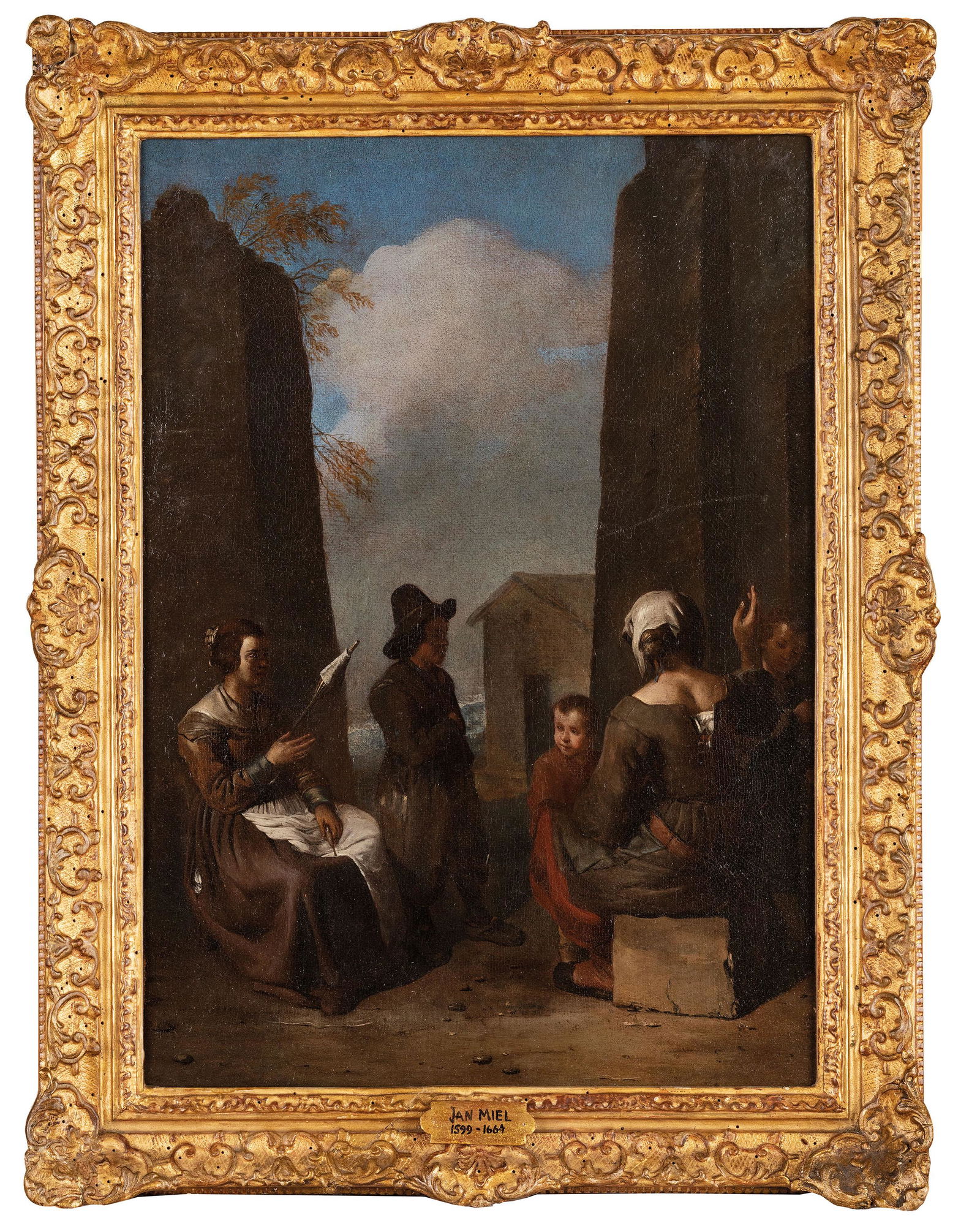 JAN MIEL: (Beveren-Waas, 1599 - Torino, 1663) Scena di genere Olio su tela, cm 52X37 Il dipinto esprime indubbiamente i caratteri del maestro, non solo per la sua aderenza ai modi del Cerquozzi ma altresì