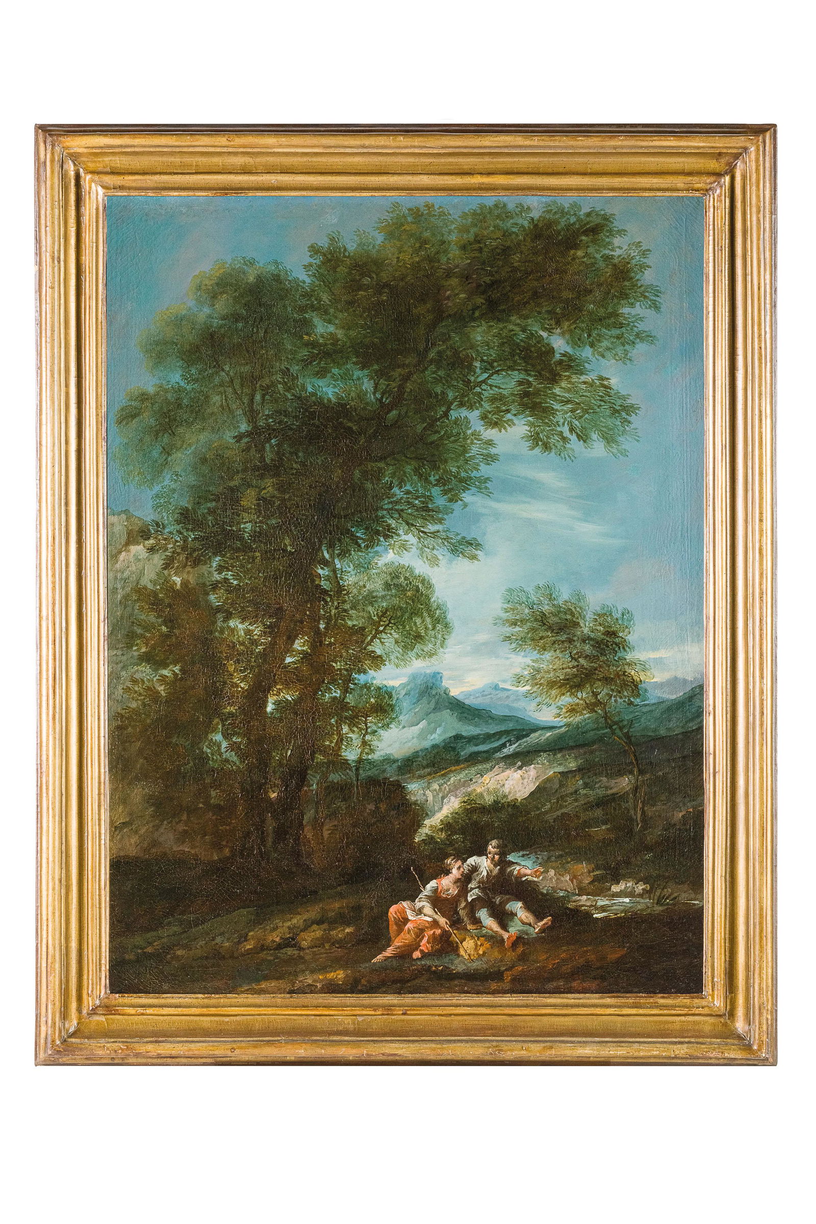 ANTONIO DIZIANI: (Venezia, 1737 - 1797) Paesaggio con due contadini che riposano Olio su tela, cm 116X88 Figlio di Gaspare Diziani, Antonio fu prevalentemente pittore di paesaggi, caratterizzati dai toni lirico-pastor