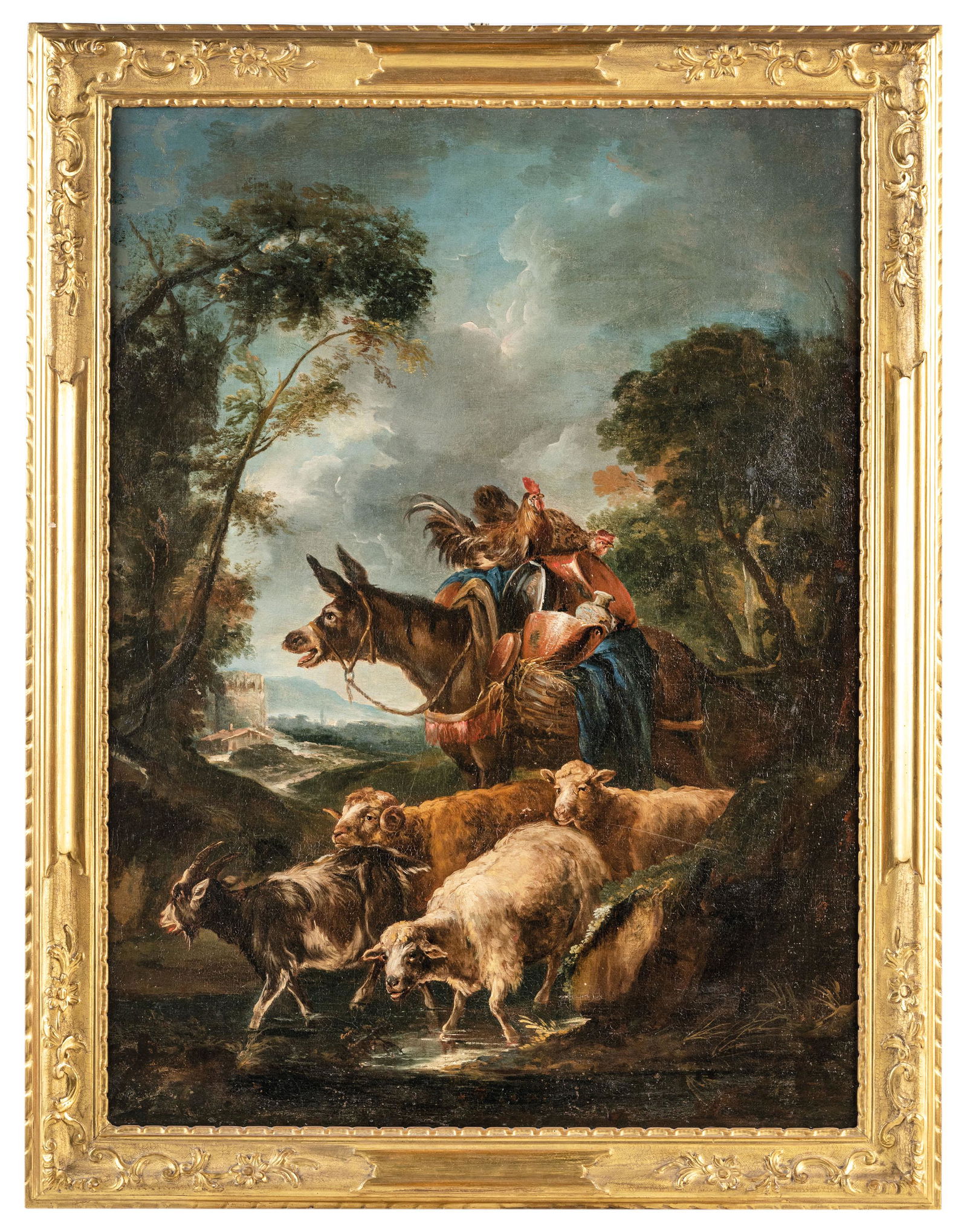 GIOVANNI CRIVELLI detto IL CRIVELLINO: (Milano?, 1680/90 - Parma, 1760) Paesaggio con animali Olio su tela, cm 99,5X74 Il soggetto e il vivace carattere della pennellata suggeriscono l'attribuzione all'artista, prendendo altresì in co