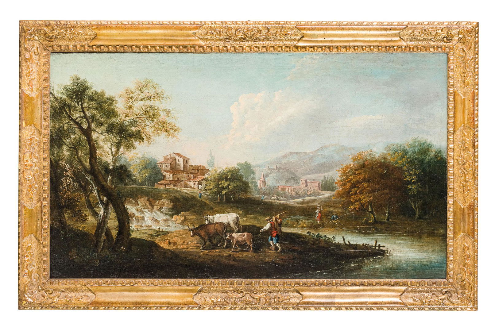 ANTONIO DIZIANI: (Venezia, 1737 - 1797) Paesaggio fluviale Olio su tela, cm 51X89 Figlio d'arte di Gaspare Diziani, Antonio fu prevalentemente pittore di paesaggi agresti, vicino ai toni lirico-pastorali di Zuccarelli