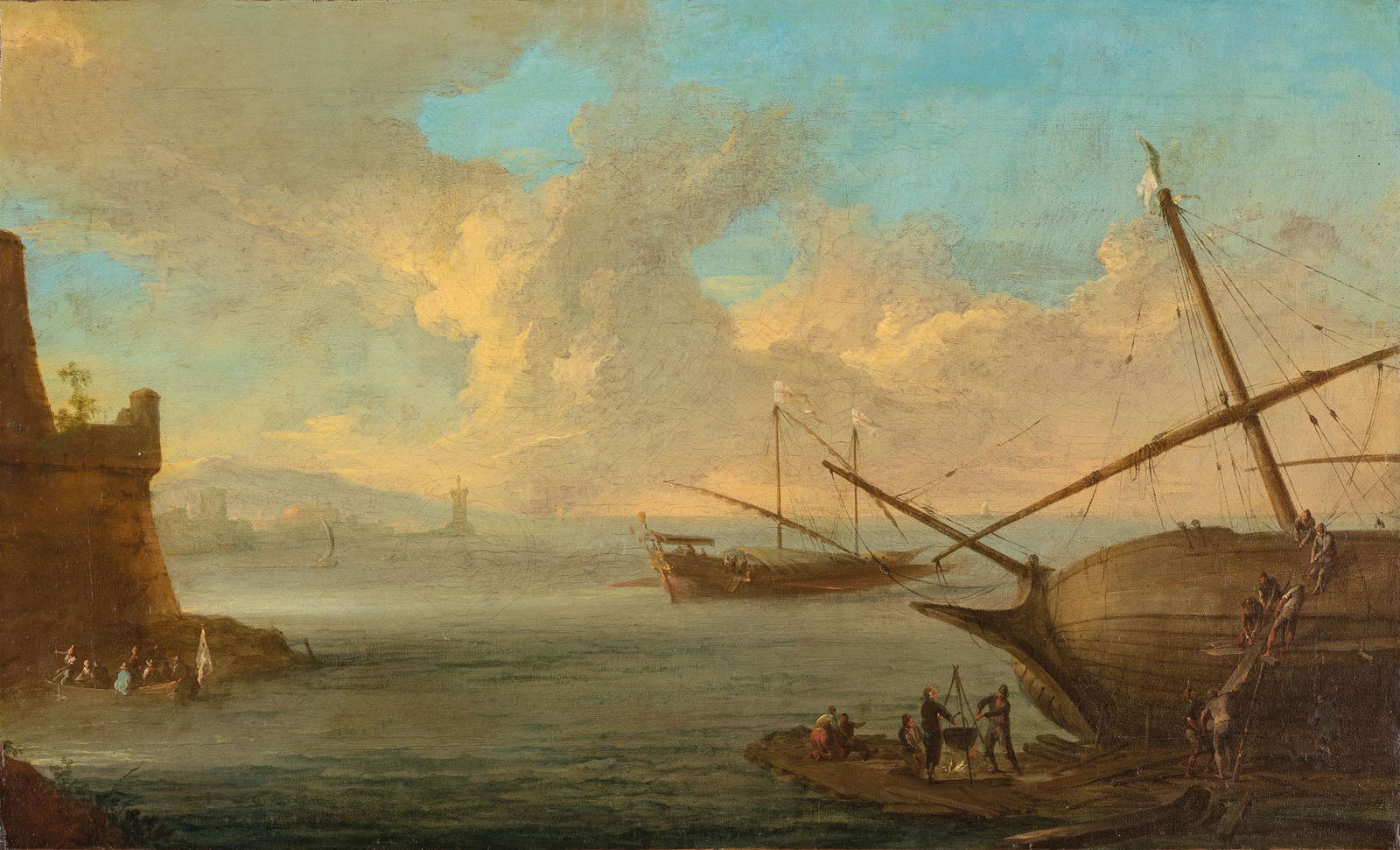 ADRIEN MANGLARD (attr. a): (Lione, 1695 - Roma, 1760) Veduta costiera con vascelli Olio su tela, cm 40X66 Nato a Lione dove si formò con il pittore di figura Frère Imbert, Manglard si recò a Roma nel 1715, freque