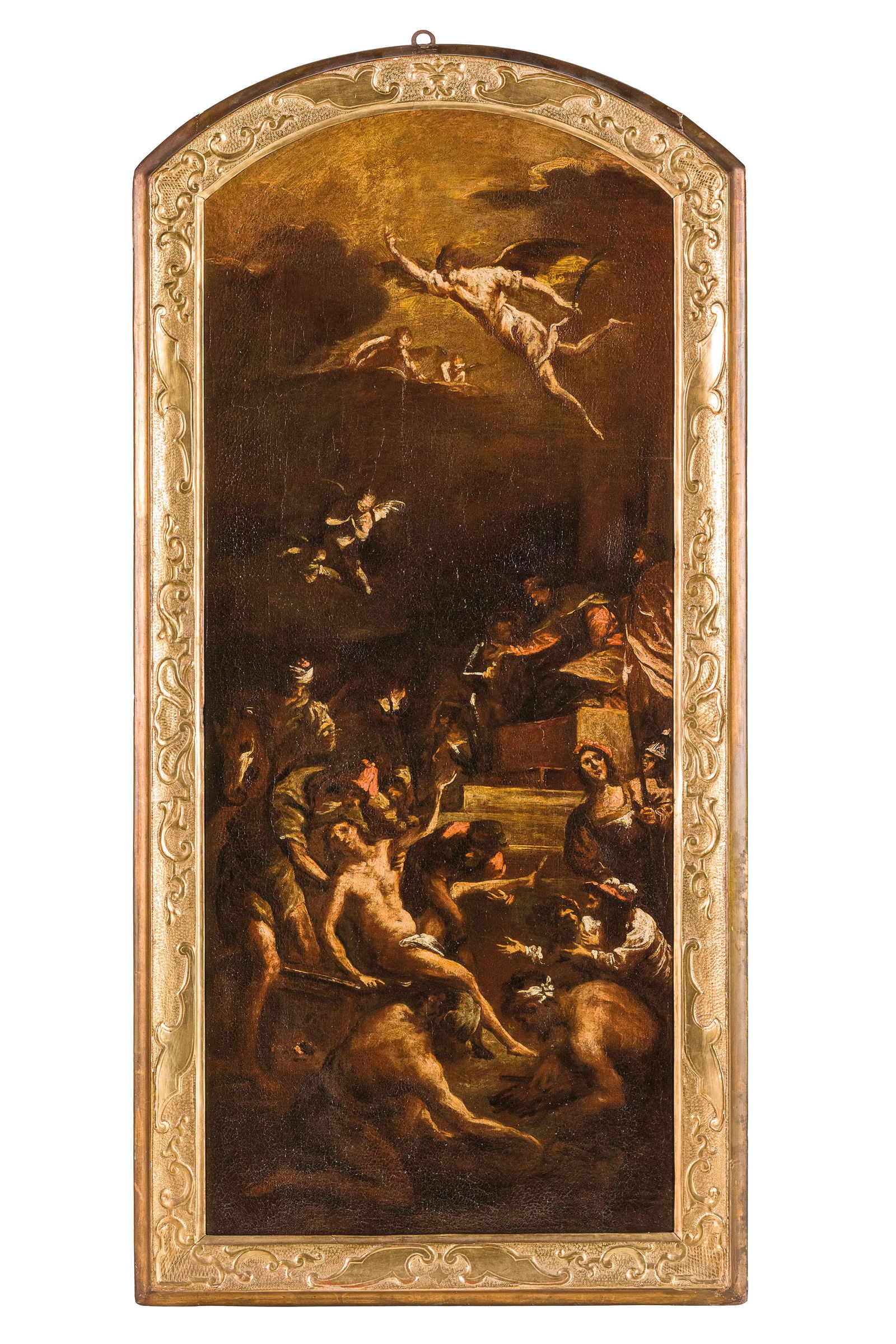 FRANCESCO MAFFEI: (Vicenza, 1605 circa - Padova, 1660) Bozzetto raffigurante il Martirio di San Lorenzo Olio su tela, cm 110X46 La formazione di Francesco Maffei avviene a Vicenza con Alessandro Maganza, guardando altr