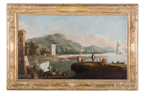 MARCO RICCI: (Belluno, 1676 - Venezia, 1730) Veduta costiera con torre, figure e barche Olio su tela, cm 57X94 Ricondotto al catalogo di Marco Ricci da Fabrizio Magani, il dipinto è un raffinato esempio della