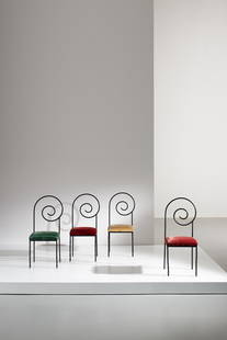 LUIGI SERAFINI: Quattro rare sedie modello Suspiral. Ferro smaltato, tessuto imbottito. Produzione Sawaya & Moroni, 1984 circa. cm 101x43x37 FOUR RARE CHAIRS BY L. SERAFINI Buone condizioni. Piccole righe, segni di u