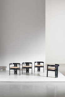 AFRA & TOBIA SCARPA: Quattro sedie modello Pigreco. Legno tinto, pelle imbottita. Produzione Gavina 1959 circa. cm 61x54x44 FOUR CHAIRS BY A. & T. SCARPA Domus n.385, dicembre 1961, p. 10; Domus n.395, novembre 1962, p. 4