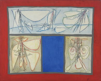 ACHILLE PERILLI: Roma 1927 - Ciconia 2021 Il re bizantino, 1961 Tecnica mista su tela, cm 65 x 81 Firmato e datato in basso a destra; firmato, datato e titolato sul retro Provenienza: Studio dell'artista G. C. Argan B