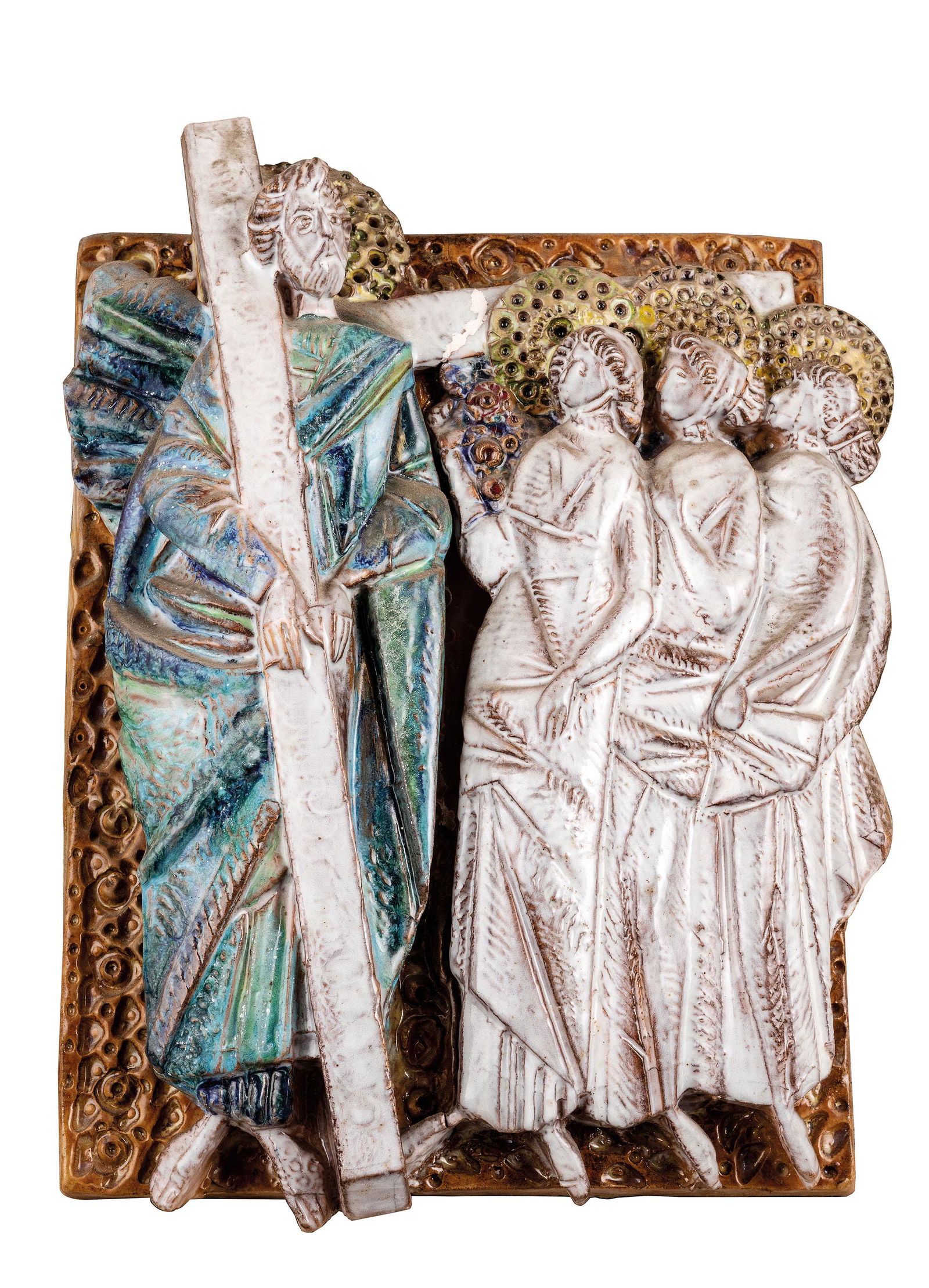 ALTORILIEVO IN MAIOLICA POLICROMA, ANGELO BIANCINI,: FAENZA, CIRCA 1960-1970 raffigurante Cristo portacroce montato in cornice a cassetta in velluto; poche usure e pochi difetti Alt. cm 44, larg. cm 33,5 A FAENZA MAIOLICA HIGH-RELIEF, CIRCA 1960-1970; S