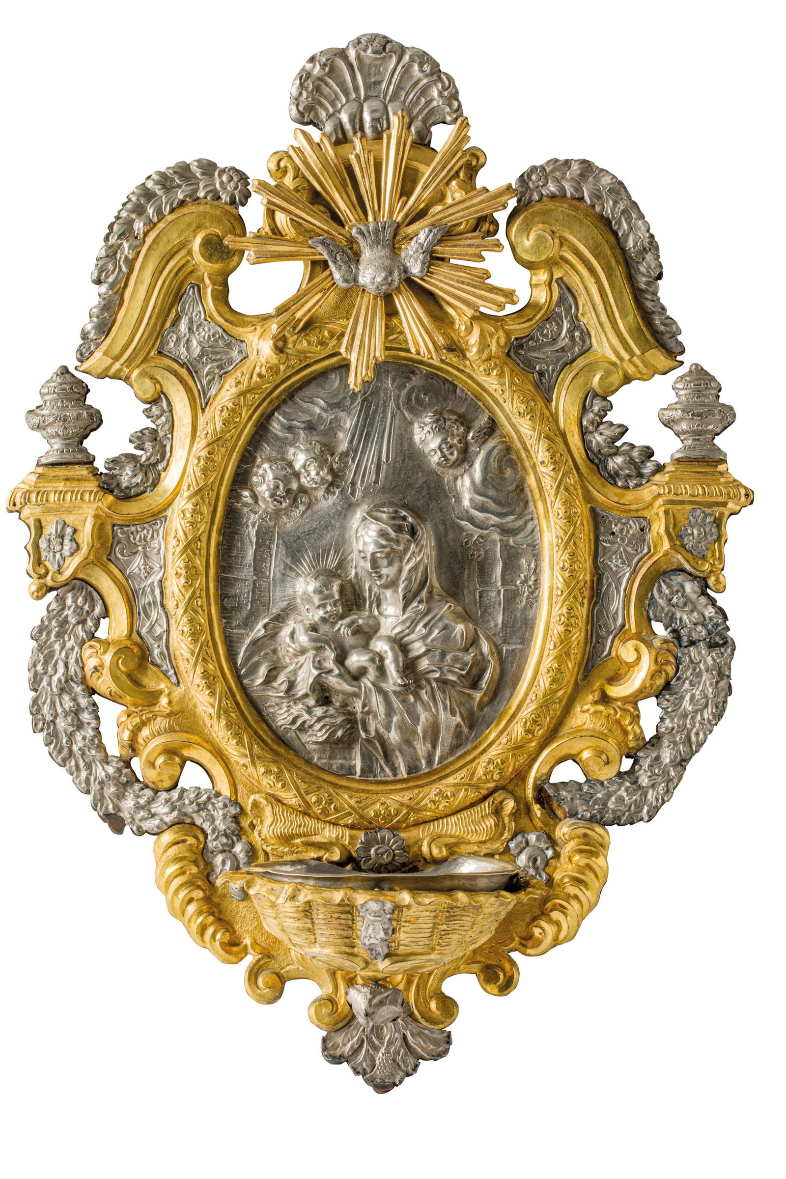 ACQUASANTIERA IN ARGENTO E BRONZO DORATO, ORAFO (1 of 2)