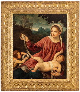 GIOVANNI BORDONE: (Venezia, ? ; 1613) Madonna con Gesù Bambino e San Giovannino Olio su tela, cm 81,5X67,5 Provenienza: Firenze, collezione privata Già riferita a Paris Bordone, la tela è stata ricondott