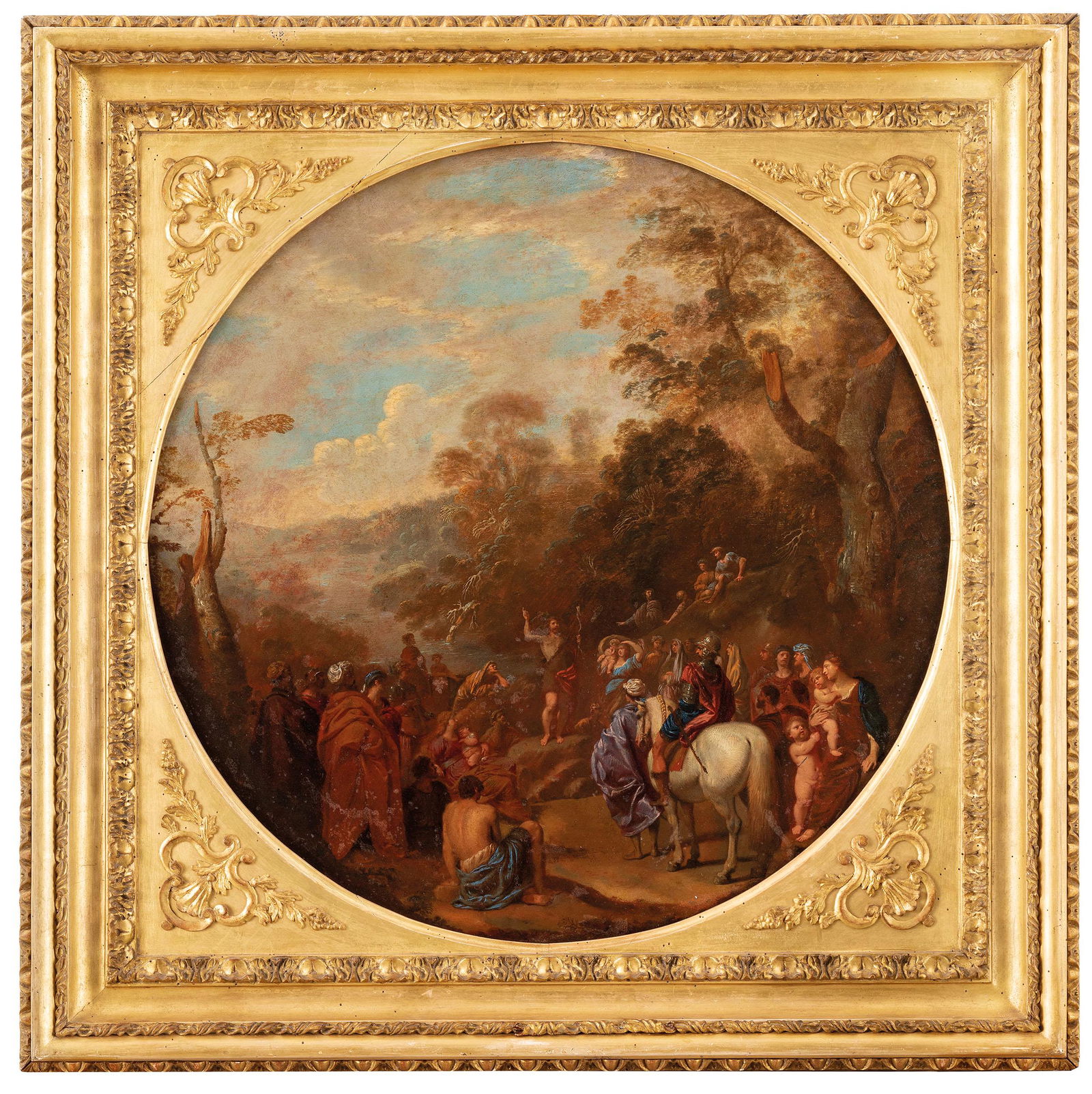 ANDREA DE LIONE: (Napoli, 1596 ; 1675) Predica di San Giovanni Battista Olio su rame, diam. cm 58 Provenienza: Vienna, Dorotheum, 30 aprile 2019, lotto 574 (come Andrea De Lione) Allievo di Belisario Corenzio e poi di