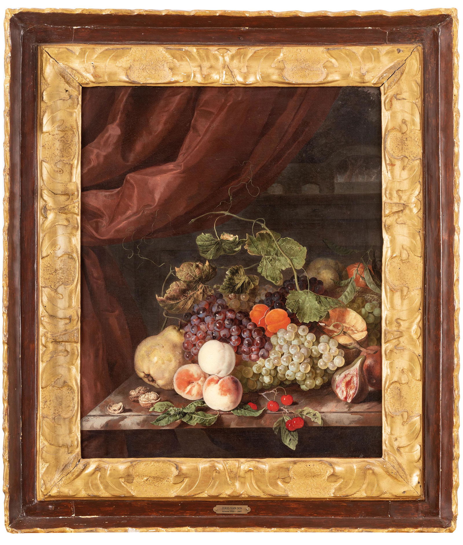 JORIS VAN SON: (Anversa, 1623 ; 1667) Natura morta con uva, pesca, noci e fichi Olio su tela, cm 75X62 Provenienza: Vignola, collezione Bizzini Milano, Porro, 27 aprile 2004, lotto 294 (come Joris van Son) Venezia,