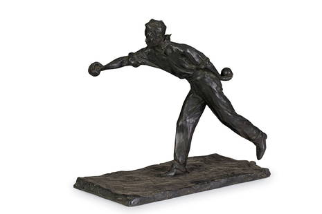 PAOLO TROUBETZKOY: Verbania, 1866 ; 1938 Giocatore di bocce Firmato Paolo Troubetzkoy, datato 1933 e timbro di fonderia F.lli Perego Milano sulla base Bronzo, alt. cm 37 Provenienza: Genova, collezione privata Figlio di