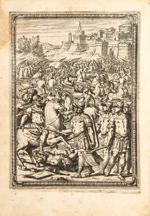 TASSO, Torquato (1544-1595). La gierusalemme liberata.: Genoa: Bartoli, 1590. Copy of the first illustrated edition of Tasso's heroic epic poem, with engraved plates by Giacomo Franco and Agostino Carracci from drawings by Bernardo Castello. 4to, (230 x 17