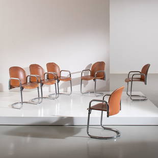 AFRA & TOBIA SCARPA: Sei poltroncine mod. Dialogo. Tubolare metallico cromato, metallo verniciato, pelle imbottita. Produzione B&B Italia 1973 ca. Marchio impresso sotto la seduta. cm 80x54x54 SIX CHAIRS BY A. T. SCARPA B