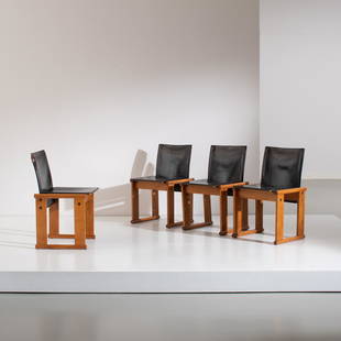 AFRA & TOBIA SCARPA: Quattro sedie mod. Monk. Legno, pelle imbottita. Produzione Molteni, 1974. cm 80x49x47 FOUR CHAIRS BY A. & T. SCARPA G. Gramigna, 'Repertorio del Design Italiano1950-2000', Allemandi, 2011, pag. 222 B