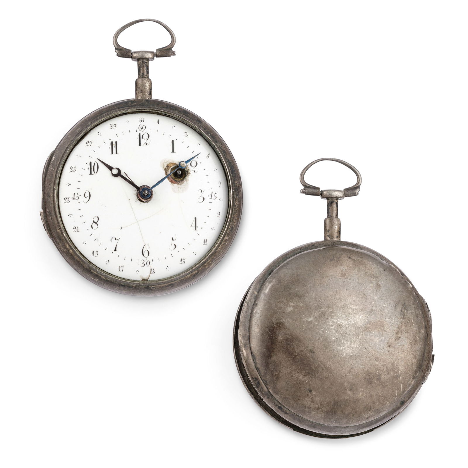 BERTHOUD, OROLOGIO DA TASCA CON CALENDARIO, SVIZZERA: 1780 CIRCA cassa in argento diametro 55 mm, quadrante in smalto bianco con numeri arabi, lancette alla breguet, datario centrale, movimento con scappamento a verga. BERTHOUD, SILVER OPEN FACE POCKET W