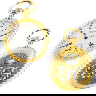 PATEK PHILIPPE, OROLOGIO DA TASCA CON CORONA REALE: SAVOIA E MONOGRAMMA, PRODUZIONE MUSY, 1898 CIRCA cassa in oro giallo diametro 50 mm, monogramma in smalto bicolore (bianco e azzurro) sabaudo con lettere UA e corona in smalto, di produzione MUSY Tori