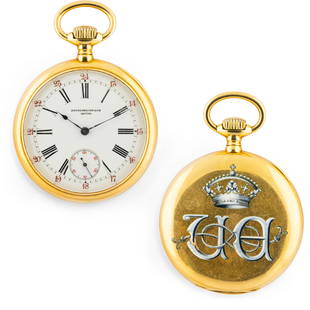 PATEK PHILIPPE, OROLOGIO DA TASCA CON CORONA REALE: SAVOIA E MONOGRAMMA, PRODUZIONE MUSY, 1898 CIRCA cassa in oro giallo diametro 50 mm, monogramma in smalto bicolore (bianco e azzurro) sabaudo con lettere UA e corona in smalto, di produzione MUSY Tori